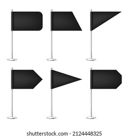 Realistic various table flags on a chrome steel pole. Blank black desk flag made of paper or fabric. Shiny metal stand. Mockup for promotion and advertising. Vector illustration