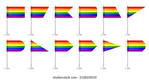 Realistic various table flags on a chrome steel pole. Rainbow LGBT desk flag made of paper or fabric. Shiny metal stand. Mockup for promotion and advertising. Vector illustration