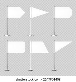 Realistic various table flags on a chrome steel pole. Blank white desk flag made of paper or fabric. Shiny metal stand. Mockup for promotion and advertising. Vector illustration