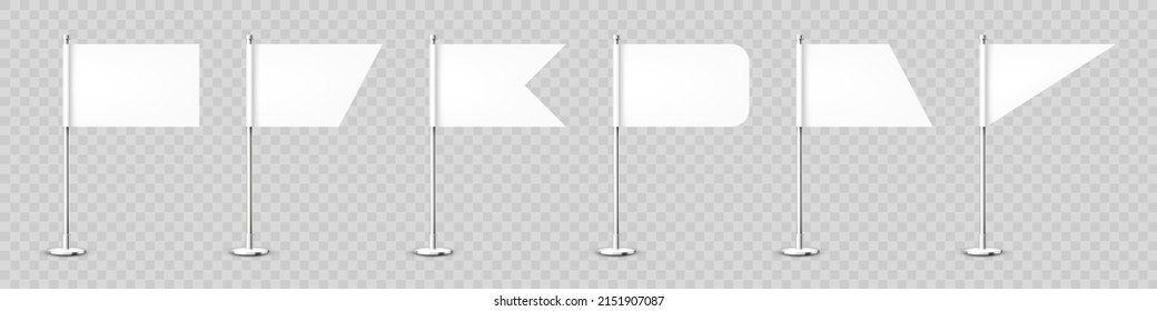 Realistic various table flags chrome steel pole  Blank white desk flag made paper fabric  Shiny metal stand  Mockup for promotion   advertising  Vector illustration