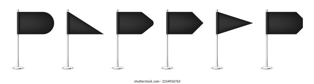 Realistic various table flags on a chrome steel pole. Blank black desk flag made of paper or fabric. Shiny metal stand. Mockup for promotion and advertising. Vector illustration