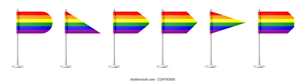Realistic various table flags on a chrome steel pole. Rainbow LGBT desk flag made of paper or fabric. Shiny metal stand. Mockup for promotion and advertising. Vector illustration