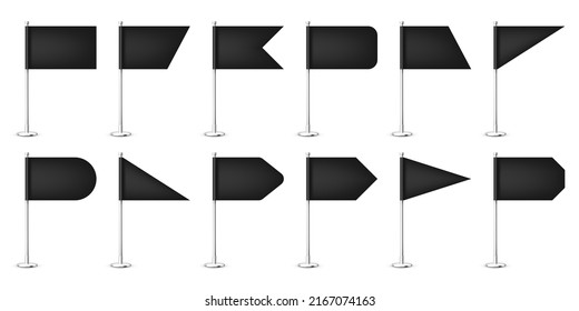 Realistic various table flags on a chrome steel pole. Blank black desk flag made of paper or fabric. Shiny metal stand. Mockup for promotion and advertising. Vector illustration