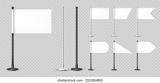 Realistic various table flags on a steel pole. Blank white desk flag made of paper or fabric. Black metal stand. Mockup for promotion and advertising. Vector illustration