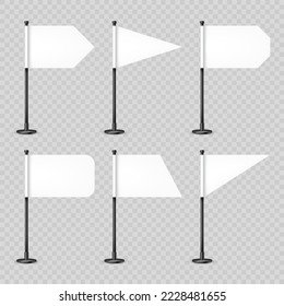 Realistic various table flags on a steel pole. Blank white desk flag made of paper or fabric. Black metal stand. Mockup for promotion and advertising. Vector illustration