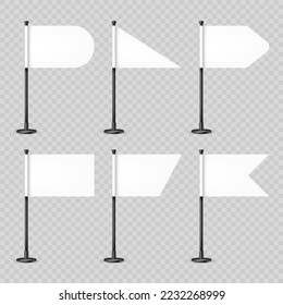 Realistic various table flags on a steel pole. Blank white desk flag made of paper or fabric. Black metal stand. Mockup for promotion and advertising. Vector illustration