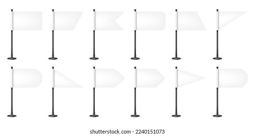 Realistic various table flags on a steel pole. Blank white desk flag made of paper or fabric. Black metal stand. Mockup for promotion and advertising. Vector illustration