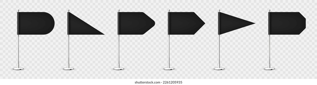 Realistic various table flags on a chrome steel pole. Blank black desk flag made of paper or fabric. Shiny metal stand. Mockup for promotion and advertising. Vector illustration