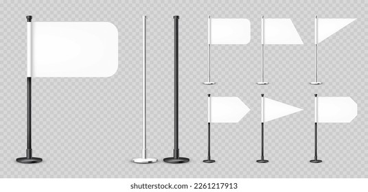 Varias banderas de mesa realistas en un asta de acero. Bandera blanca del escritorio en blanco hecha de papel o tela. Puesto de metal negro. Tragedia para promoción y publicidad. Ilustración del vector