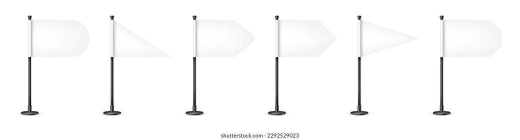 Realistic various table flags on a steel pole. Blank white desk flag made of paper or fabric. Black metal stand. Mockup for promotion and advertising. Vector illustration
