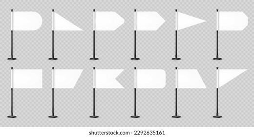 Realistic various table flags on a steel pole. Blank white desk flag made of paper or fabric. Black metal stand. Mockup for promotion and advertising. Vector illustration