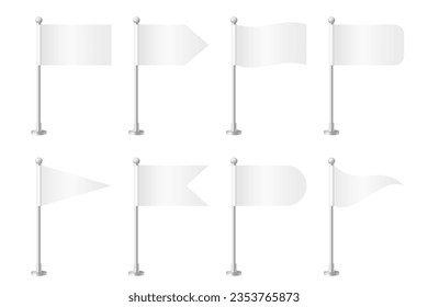 Realistic various table flags on a chrome steel pole. White blank desk flag made of paper or cloth. Shiny metal stand. Mockup flags for promotion, advertising and decoration. Vector illustration