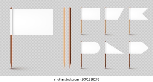 Banderas realistas de varios palillos de dientes. Muelles de madera con bandera de papel blanco. Marca de ubicación, puntero de mapa. Burla en blanco para publicidad y promociones. Ilustración del vector