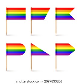 Realistic various toothpick flags. Wooden toothpicks with rainbow LGBTQ paper flag. Blank mockup for advertising and promotions. Pride month. Vector illustration