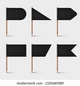 Realistic various toothpick flags. Wooden toothpicks with black paper flag. Location mark, map pointer. Blank mockup for advertising and promotions. Vector illustration
