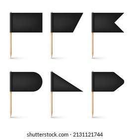 Realistic Various Toothpick Flags. Wooden Toothpicks With Black Paper Flag. Location Mark, Map Pointer. Blank Mockup For Advertising And Promotions. Vector Illustration