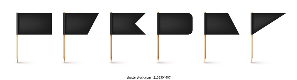 Realistic various toothpick flags. Wooden toothpicks with black paper flag. Location mark, map pointer. Blank mockup for advertising and promotions. Vector illustration