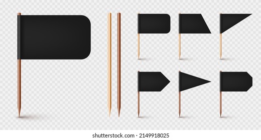 Realistic Various Toothpick Flags. Wooden Toothpicks With Black Paper Flag. Location Mark, Map Pointer. Blank Mockup For Advertising And Promotions. Vector Illustration