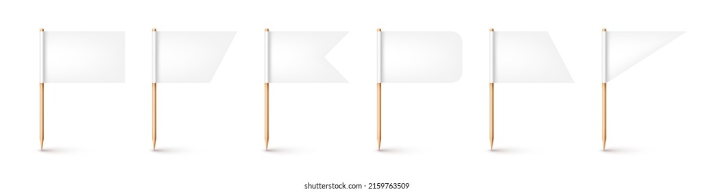 Realistic various toothpick flags. Wooden toothpicks with white paper flag. Location mark, map pointer. Blank mockup for advertising and promotions. Vector illustration