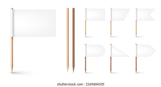 Realistic various toothpick flags. Wooden toothpicks with white paper flag. Location mark, map pointer. Blank mockup for advertising and promotions. Vector illustration svg