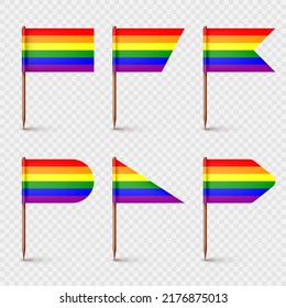 Realistic various toothpick flags. Wooden toothpicks with rainbow LGBTQ paper flag. Blank mockup for advertising and promotions. Pride month. Vector illustration