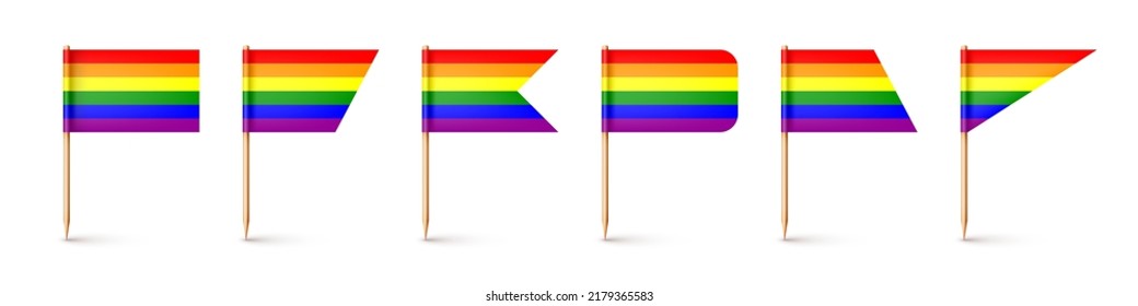 Realistic various toothpick flags. Wooden toothpicks with rainbow LGBTQ paper flag. Blank mockup for advertising and promotions. Pride month. Vector illustration