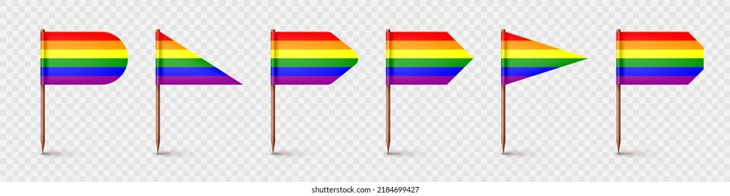 Realistic various toothpick flags. Wooden toothpicks with rainbow LGBTQ paper flag. Blank mockup for advertising and promotions. Pride month. Vector illustration