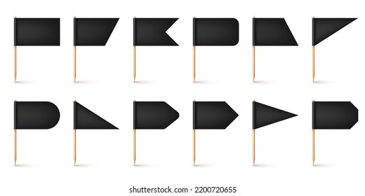 Realistische, verschiedene Zahnstochflags. Holzzahnpicks mit schwarzer Papierflagge. Ortsmarke, Kartenzeiger. Blank mock up for advertising and promotions. Vektorgrafik