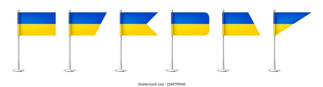 Realistic various Ukrainian table flags on a chrome steel pole. Souvenir from Ukraine. Desk flag made of paper or fabric, shiny metal stand. Mockup for promotion and advertising. Vector illustration