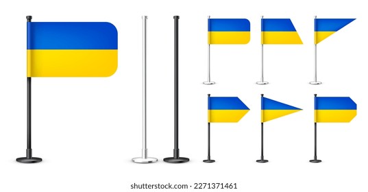 Realistic various Ukrainian table flags on a chrome steel pole. Souvenir from Ukraine. Desk flag made of paper or fabric, shiny metal stand. Mockup for promotion and advertising. Vector illustration