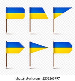 Realistic various Ukrainian toothpick flags. Souvenir from Ukraine. Wooden toothpicks with paper flag. Location mark, map pointer. Blank mockup for advertising and promotions. Vector illustration