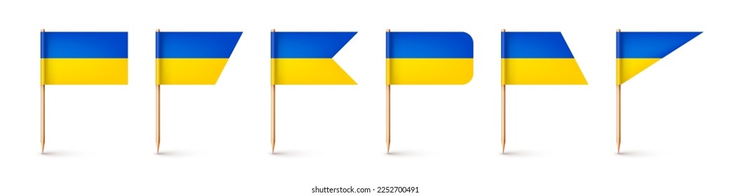 Realistic various Ukrainian toothpick flags. Souvenir from Ukraine. Wooden toothpicks with paper flag. Location mark, map pointer. Blank mockup for advertising and promotions. Vector illustration