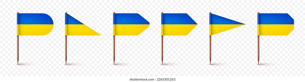 Realistic various Ukrainian toothpick flags. Souvenir from Ukraine. Wooden toothpicks with paper flag. Location mark, map pointer. Blank mockup for advertising and promotions. Vector illustration