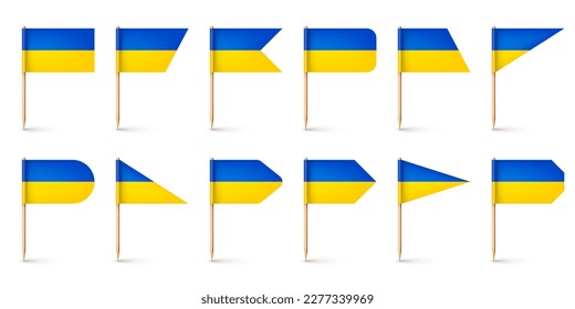 Varias banderas ucranianas recogen dientes de manera realista. Un recuerdo de Ucrania. Muelles de madera con bandera de papel. Marca de ubicación, puntero de mapa. Burla en blanco para publicidad y promociones. Ilustración del vector