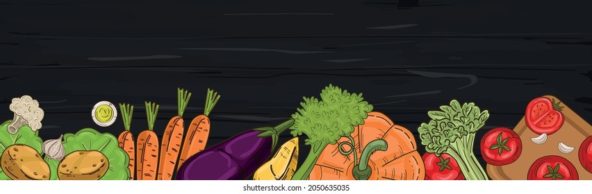Realistic various vegetables on wooden background - Vector illustration