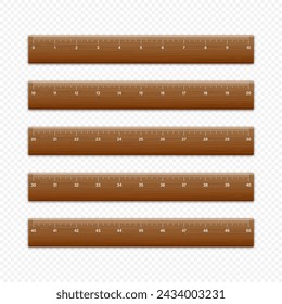 Realistic various wooden rulers with measurement scale and divisions, measure marks. School ruler, centimeter and inch scale for length measuring. Office supplies. Vector illustration