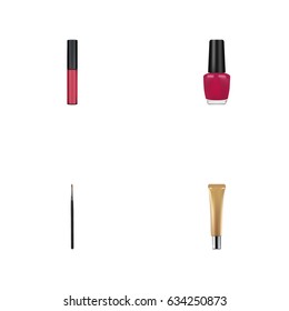 Realistic Varnish, Collagen Tube, Brush And Other Vector Elements. Set Of Greasepaint Realistic Symbols Also Includes Polish, Makeup, Eye Objects.