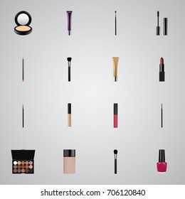 Realistic Varnish, Contour Style Kit, Pomade And Other Vector Elements. Set Of Maquillage Realistic Symbols Also Includes Creme, Lipstick, Eyeshadow Objects.