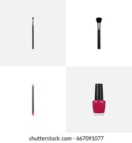 Realistic Varnish, Eye Paintbrush, Fashion Equipment And Other Vector Elements. Set Of Cosmetics Realistic Symbols Also Includes Tassel, Eye, Cosmetics Objects.