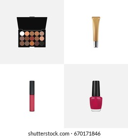 Realistic Varnish, Liquid Lipstick, Multicolored Palette And Other Vector Elements. Set Of Maquillage Realistic Symbols Also Includes Nail, Liquid, Lipstick Objects.