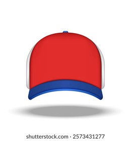 Realistic vector 3d baseball cap isolated on white front view for photo filter mockup red, blue and white design, perfect for sports, casual wear, branding and fashion, stylish and versatile accessory