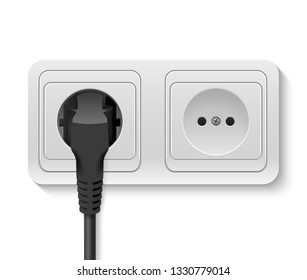 Realistic Vector 3d Black Plug Inserted in a Wall Socket Icon Closeup Isolated on White Background.  