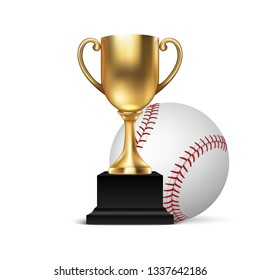 Realistic Vector 3d Blank Golden Champion Cup Icon wirh Baseball Set Closeup Isolated on White. Design Template of Championship Trophy. Sport Tournament Award, Gold Winner Cup and Victory Concept
