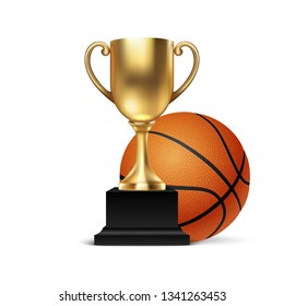 Realistic Vector 3d Blank Golden Champion Cup Icon wirh Basketball Set Closeup Isolated on White. Design Template of Championship Trophy. Sport Tournament Award, Gold Winner Cup and Victory Concept
