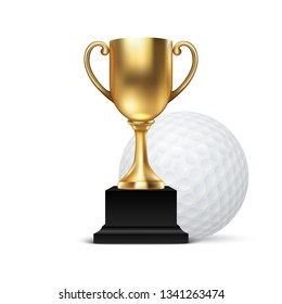 Realistic Vector 3d Blank Golden Champion Cup Icon wirh Golf Ball Set Closeup Isolated on White. Design Template of Championship Trophy. Sport Tournament Award, Gold Winner Cup and Victory Concept