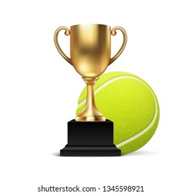 Realistic Vector 3d Blank Golden Champion Cup Icon Wirh Tennis Ball Set Closeup Isolated On White. Design Template Of Championship Trophy. Sport Tournament Award, Gold Winner Cup And Victory Concept