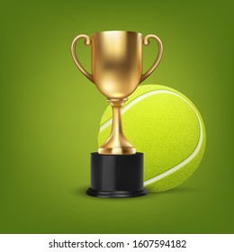 Realistic Vector 3d Blank Golden Champion Cup with Tennis Ball Set Closeup on Green Background. Design Template of Championship Trophy. Sport Tournament Award, Gold Winner Cup and Victory Concept