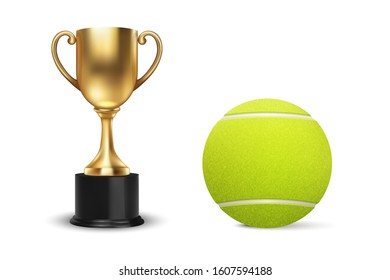 Realistic Vector 3d Blank Golden Champion Cup Icon with Tennis Ball Set Closeup Isolated. Design Template of Championship Trophy. Sport Tournament Award, Gold Winner Cup and Victory Concept
