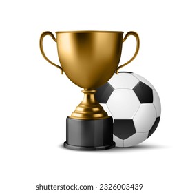 Realistic Vector 3d Blank Golden Champion Cup Icon with Soccer Ball Set Closeup Isolated on White. Design Template of Championship Trophy. Sport Tournament Award, Gold Winner Cup and Victory Concept - Shutterstock ID 2326003439