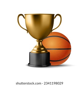 Realistic Vector 3d Blank Golden Champion Cup and Basketball Next to Each Other Isolated on White. Design Template of Championship Trophy. Sport Tournament Award, Gold Winner Cup. Victory Concept